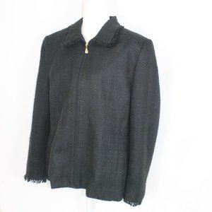 ALFRED DUNNER Jacket Woman Size 18 Petite Black Tweed Fringe Zipper Front Lined